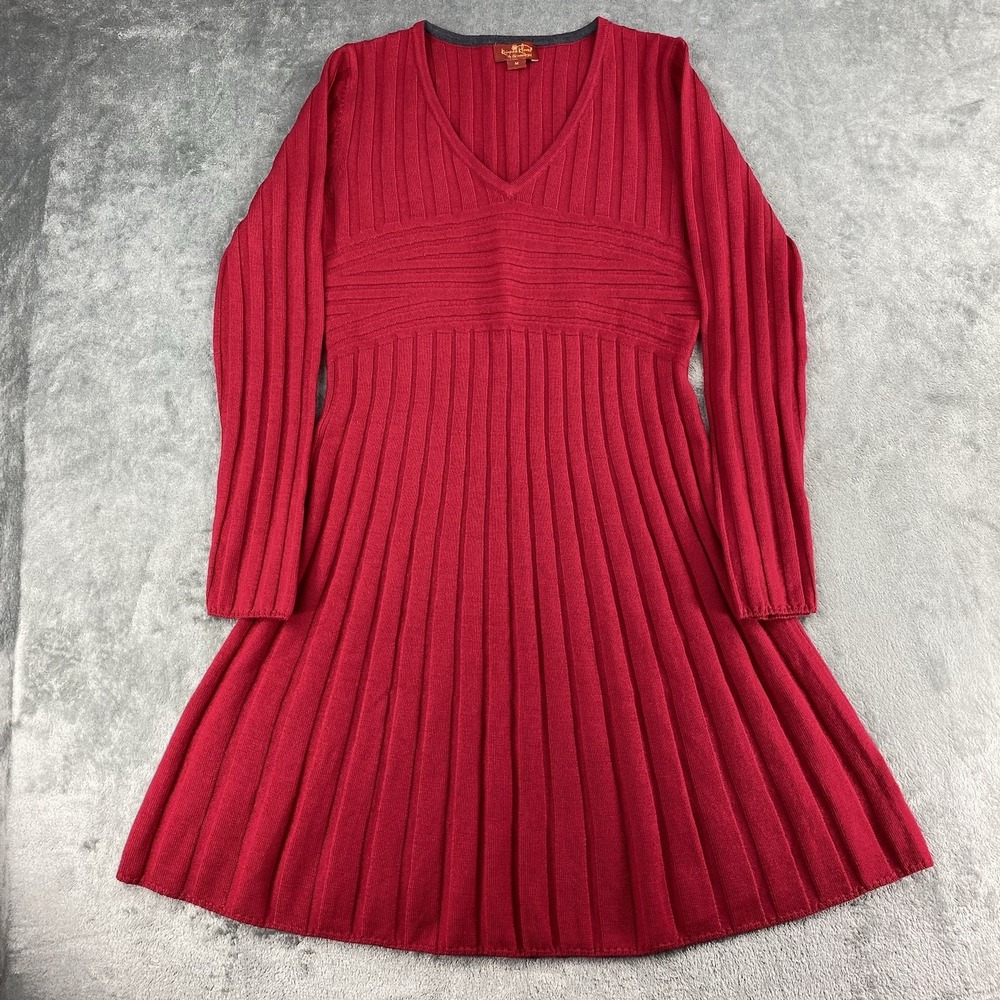 Krimson Klover Sweater Dress‎ Womens Sz M Red Ribbed Merino Wool Feminine Flare
